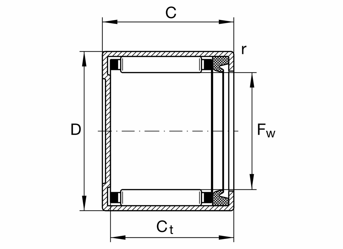 Игольчатый роликоподшипник с одним наружным штампованным кольцом, закрытым с одной стороны INA BK2018-RS