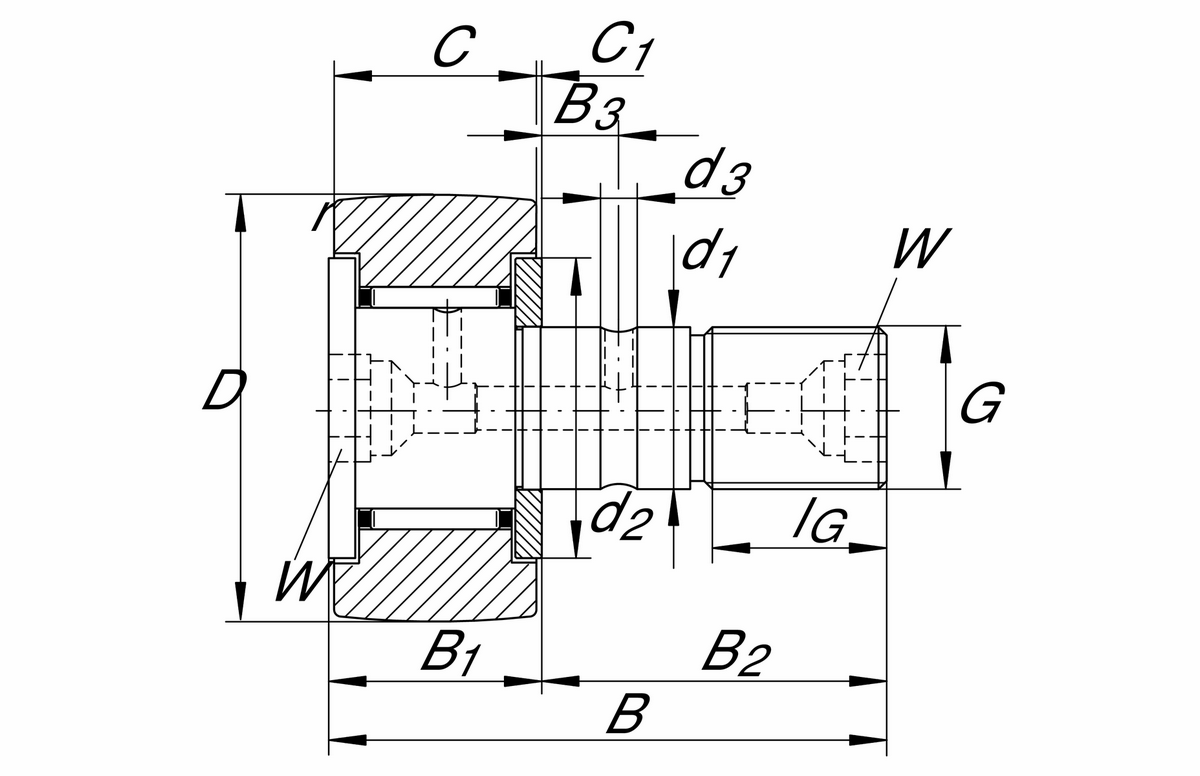 Игольчатый опорный ролик с цапфой INA KR32