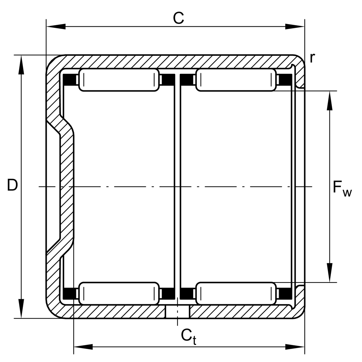 Игольчатый роликоподшипник с одним наружным штампованным кольцом, закрытым с одной стороны INA BK3038-ZW-L114