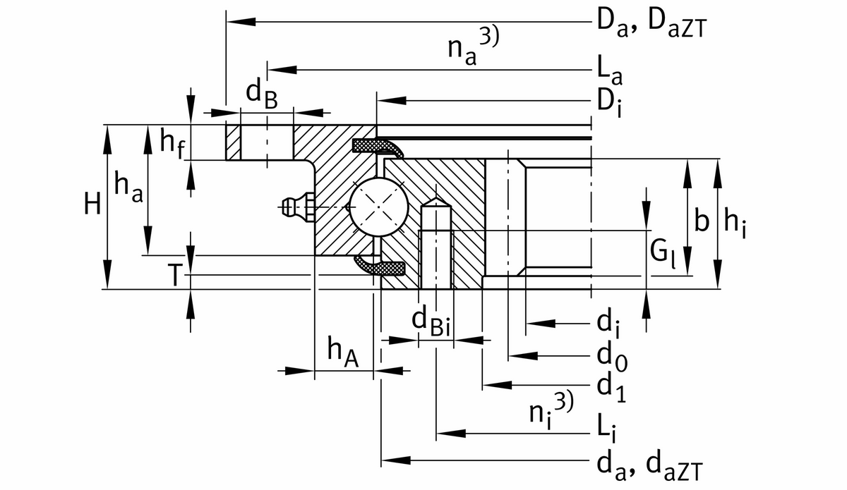 Опорно-поворотное устройство, подшипник с четырехточечным контактом, зубчатый венец на внутреннем кольце INA VLI200414-N-RL1