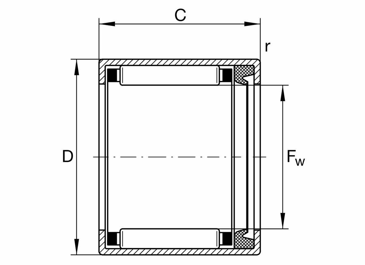 Игольчатый роликоподшипник с одним наружным штампованным кольцом INA HK3018-RS