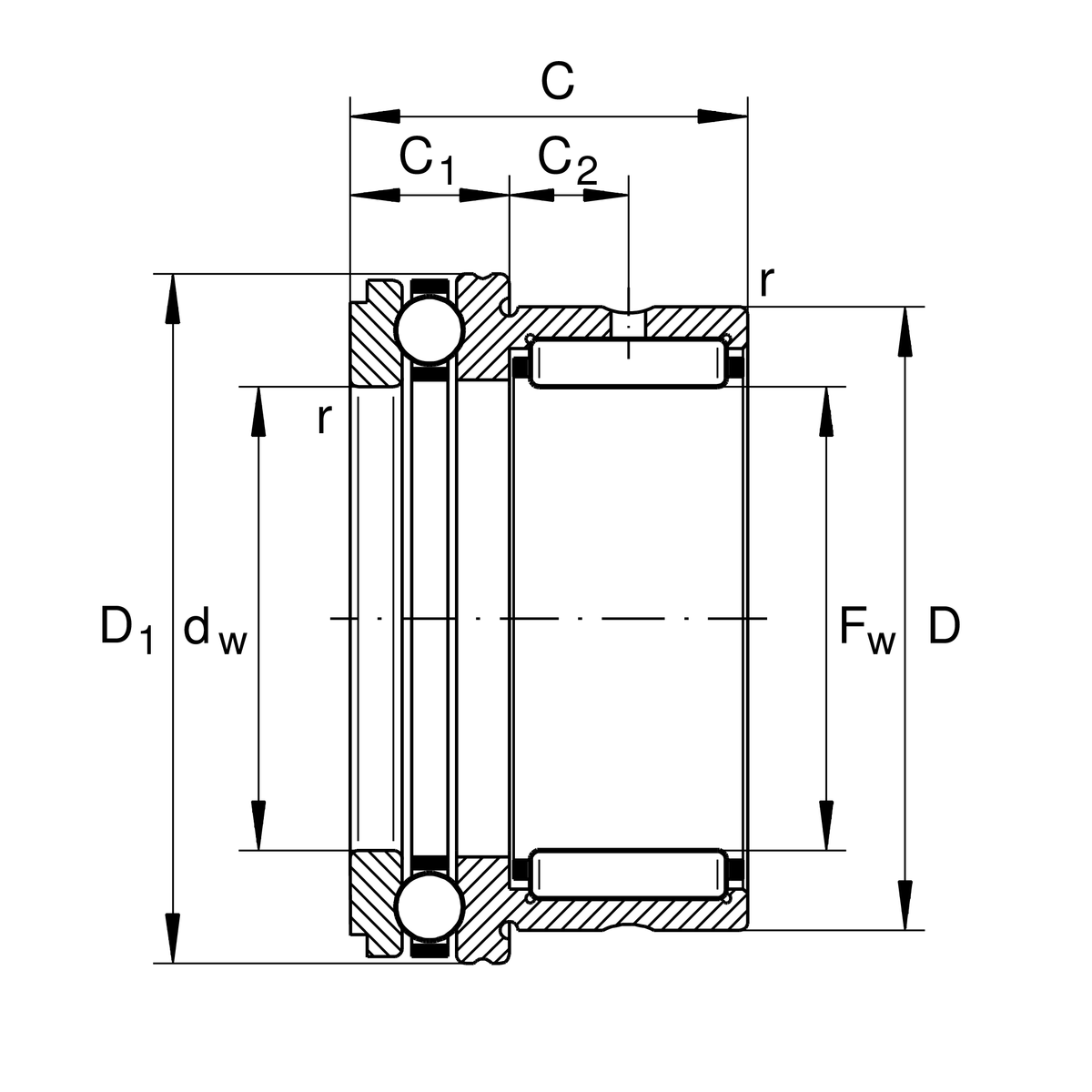 Комбинированный упорный шарикоподшипник с игольчатыми роликами INA NKX60-XL (NKX60)