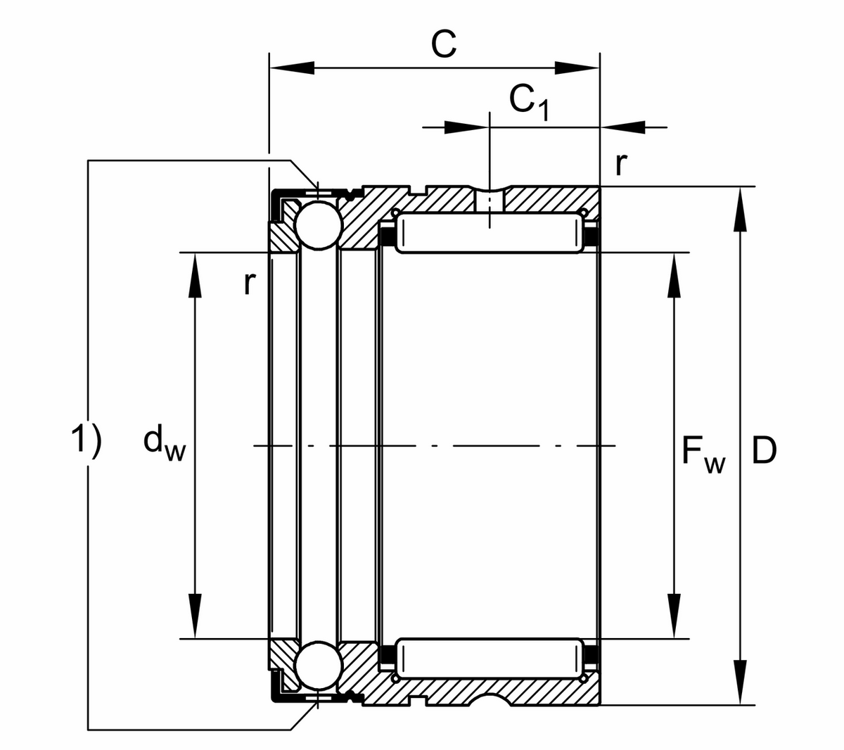Комбинированный упорный шарикоподшипник с игольчатыми роликами INA NX17-XL (NX17)